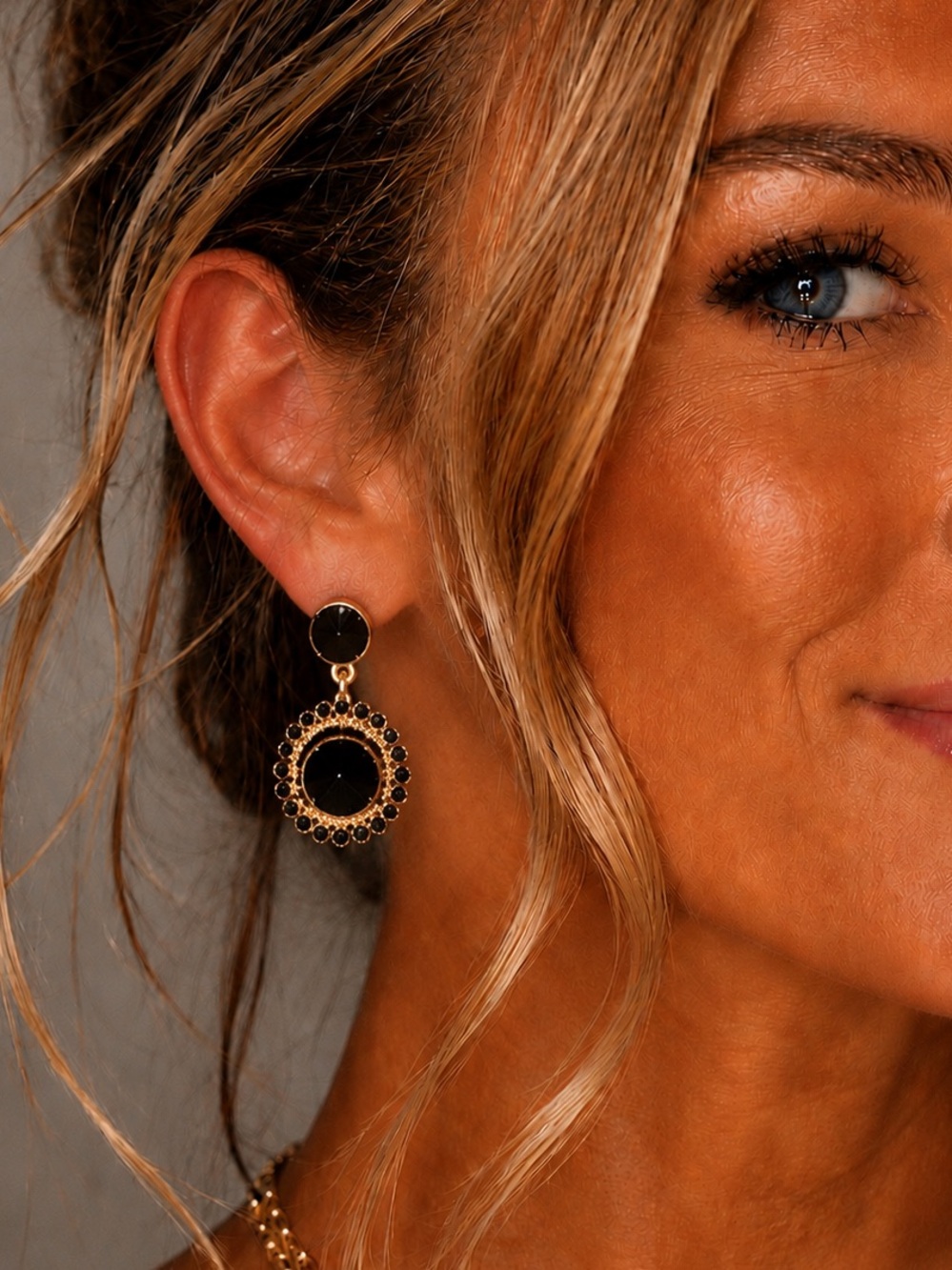 Saks Fifth Avenue Black Crystal Statement Drop Earrings | Gold Tone Glam